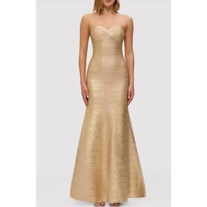 Herve Leger Metallic Sara Strapless Mermaid Gown NWT Size L Gold